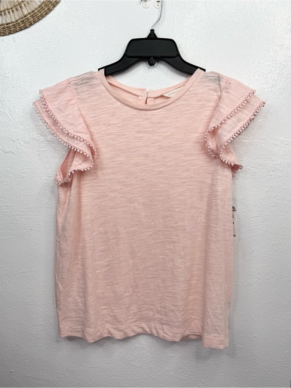 Caslon Pale Pink Ruffle Flutter Sleeve Knit Top Pom Trim Womens Size S